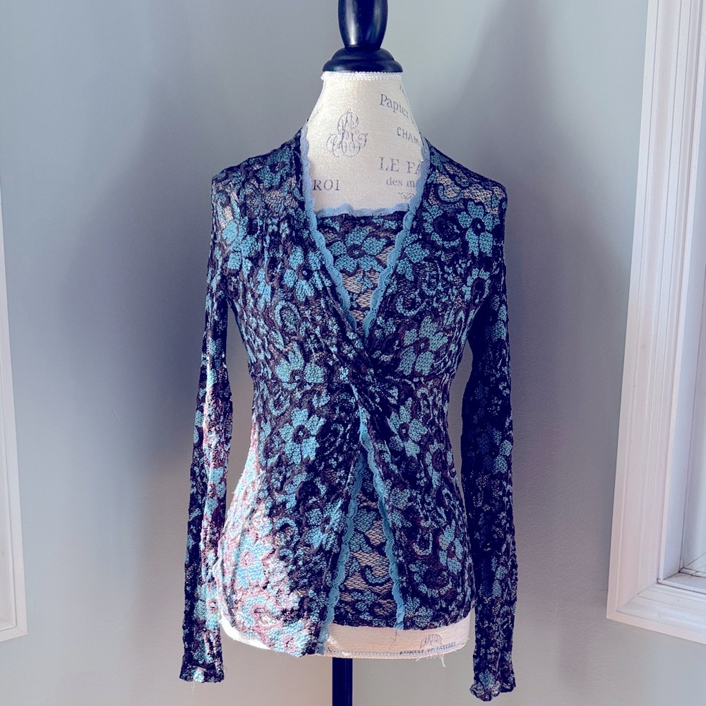 Vintage Y2K Jus Dorange teal &  black lace layered leather ok long sleeve Size S